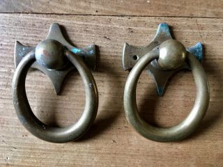 Pair Antique Door Pulls Ring Handle Large Vintage Reclaimed Old Salvage Brass 6