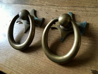 Pair Antique Door Pulls Ring Handle Large Vintage Reclaimed Old Salvage Brass 7