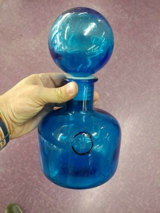 Vintage Mid Century Modern Empoli Blue Teal Art Glass Decanter Bottle