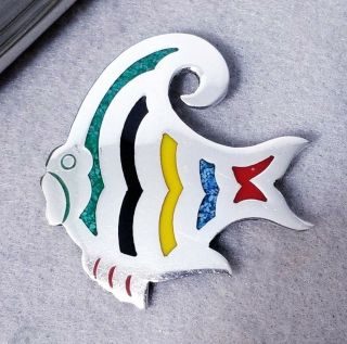 Vtg 925 Sterling Silver Taxco Large Angel Fish Multi Stone Inlay Pin Brooch