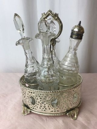 Antique Vtg Glass Cruet Condiment Castor Set Footed 4 Jars Art Deco Silver Plate