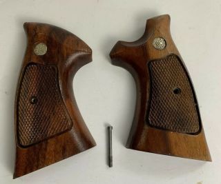 1980s Vintage S&w Smith And Wesson Wood Large Frame Grips Checkered