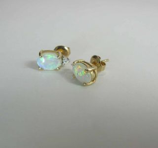 Vintage 14k Yellow Gold Opal & Diamond Post Earrings