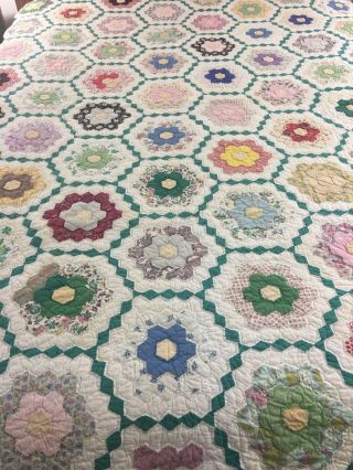 Antique Vintage Handmade Small Hexie Grandmothers Flower Garden Quilt 63 " X 83 "