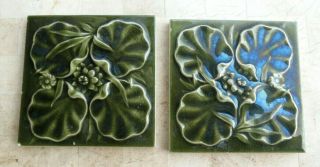Kensington Art Tile Co.  Art Pottery Tile Relief Floral & Shells Matched Pair Vtg
