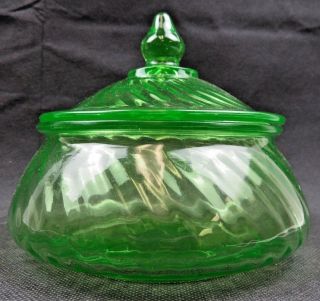Vintage Uranium Glass Green Vaseline candy dish bowl lidded Pop Art Deco MCM 2