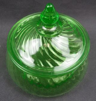Vintage Uranium Glass Green Vaseline candy dish bowl lidded Pop Art Deco MCM 3