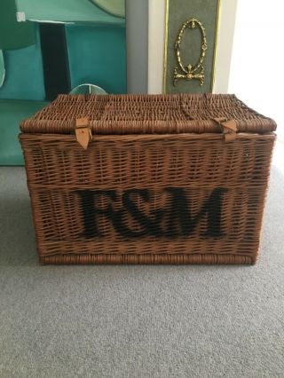 Vintage Fortnum And Mason Wicker Basket Leather Straps Twin Handles 56 X 40 X 37