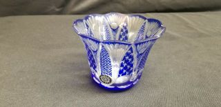 Vintage Lux Cobalt Blue Cut To Clear Bohemia Glass Crystal Votive Bowl Or Vase
