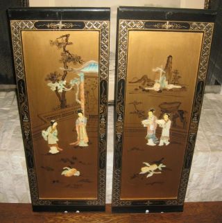 Pair (2) Vintage Chinese Black Lacquer Wood Wall Panels Carved Jade Asian Art