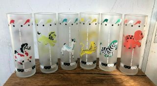 Set Of 6 Vintage Libbey Frosted Circus Merry Go Round Animal Carousel Glasses