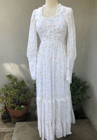 Vintage Maxi Peasant Dress White Floral Gunne Sax Sz Xs