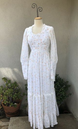 Vintage Maxi Peasant Dress White Floral Gunne Sax Sz XS 5