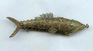Vintage Chinese Sterling Silver Turquoise Articulated Fish Pendant Pill Box - 4 "