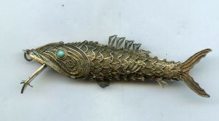 Vintage Chinese STERLING Silver TURQUOISE Articulated FISH PENDANT Pill Box - 4 