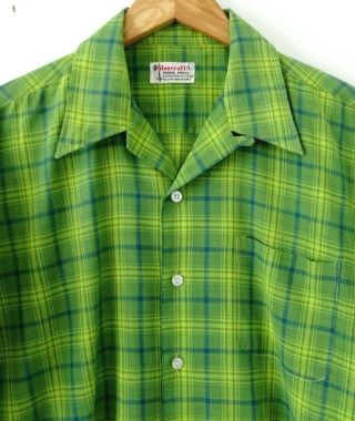 Vtg 60s Stoncraft Green Blue Plaid Loop Collar Mod Rockabilly Retro Shirt L