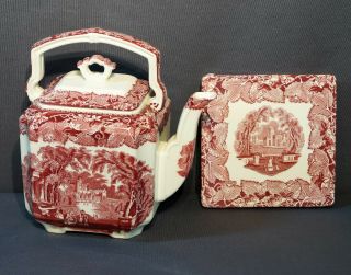 Vintage Mason ' s Vista England Pink Red Square Teapot and Trivet Transferware 2