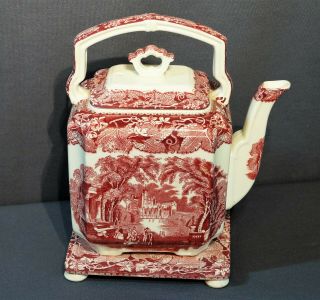 Vintage Mason ' s Vista England Pink Red Square Teapot and Trivet Transferware 3