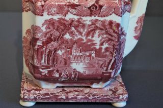 Vintage Mason ' s Vista England Pink Red Square Teapot and Trivet Transferware 5