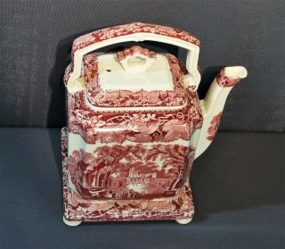 Vintage Mason ' s Vista England Pink Red Square Teapot and Trivet Transferware 6