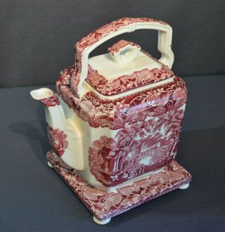 Vintage Mason ' s Vista England Pink Red Square Teapot and Trivet Transferware 7