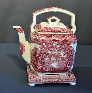 Vintage Mason ' s Vista England Pink Red Square Teapot and Trivet Transferware 8