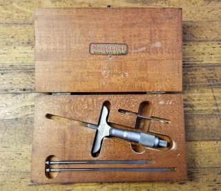 Vintage Starrett 449 Depth Gauge Micrometer & Wood Box Machinist Tools Set ☆usa