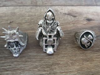Set Of (3) Rare G&s Vintage 1986 Biker Rings,  1 Skeleton Reaper & 2 Skull Rings