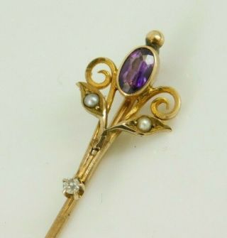 Vintage / Antique Victorian 10k Gold Amethyst Pearl Diamond Stick Pin