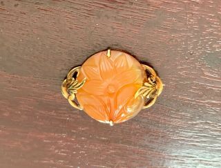 Vintage 14 K Solid Yellow Gold Floral Carved Carnelian Pin Brooch
