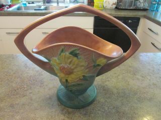 Vintage Roseville Yellow Peony Basket Vase 379 12 " X13.  5 " Handle Ohio Rare