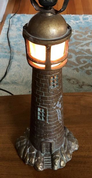 Vintage Lighthouse Lamp Cast Metal Stained Glass Windows