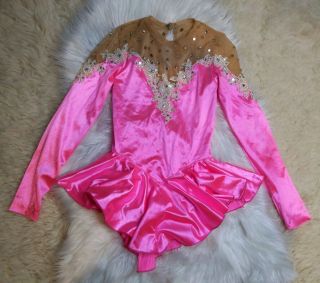 Vintage Ice Skating Dress Hot Pink Spandex Mesh High Elasticity Liquid Satin S