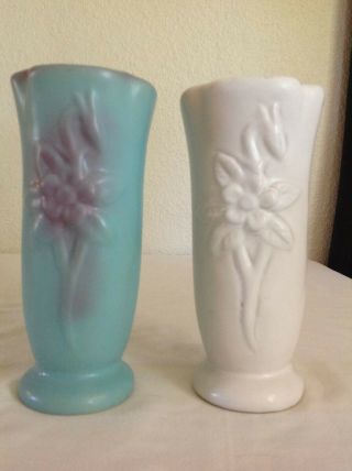 2 Vintage Van Briggle Columbine Flower Vases Turquoise And White