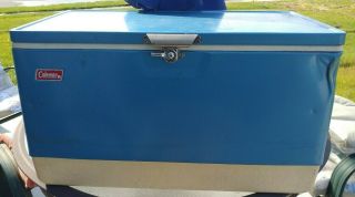 Vintage Coleman Blue Metal Cooler Big W/ Accessories 28’’l,  15’’w,  16’’h Usa