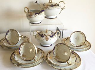 Vintage Noritake Porcelain Lustre Enamel Gold Flowers Basket 15piece Tea Service