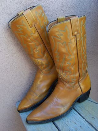 Justin Mens Vintage Cowboy Western Boots Honey Brown Cowhide Leather Sz Size 9d