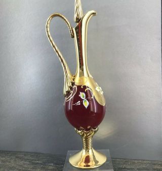 Bohemian Czech Vintage Mcm 15” Ruby Red & Gold Hand Painted Floral Decanter