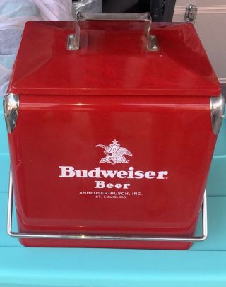Vintage 1970’s Budweiser Beer Red Metal Camping Cooler Euc Anheuser - Busch Rare