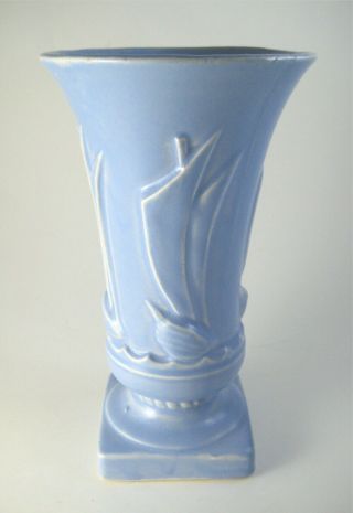 Vintage 1940s Mccoy Sailboat Vase 9 " Light Blue Glaze Sailing Ships Nm Mark