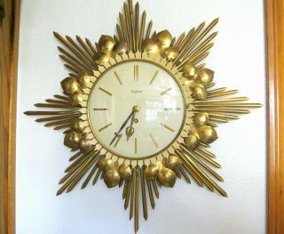 Vintage Funghans Brass Starburst Spike Metal Art Deco Dome Wall Clock