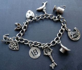 Vintage Sterling Silver Charm Bracelet Heart Fa Cup Fish Faith Hope Charity N255