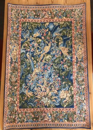 French Tapestry Wall Hanging French Vintage Bird Dog Woman Flowers Fauna Lovely