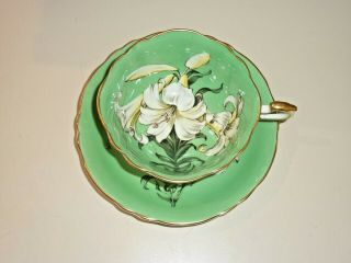 Rare Hand Painted Green Paragon England Bone China Easter Lily Tea Cup & Saucer