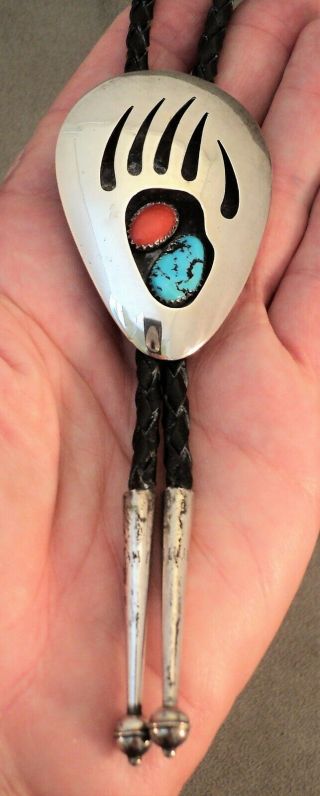 Vtg Thomas Nez Navajo Sterling Silver Turquoise & Coral Bolo Tie & Tips Bear Paw