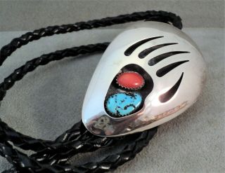 Vtg THOMAS NEZ NAVAJO Sterling SILVER Turquoise & Coral BOLO TIE & Tips BEAR PAW 2