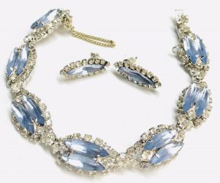 Vintage Signed Kramer Blue Sliver Rhinestones Bracelet And Earring Demi Set