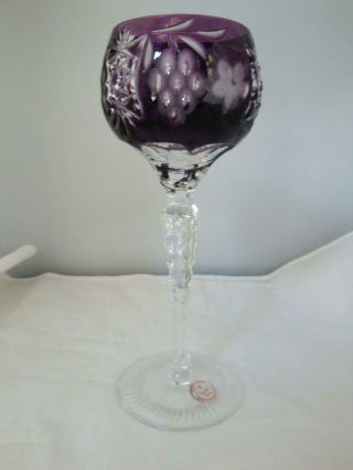 Vintage Cut To Clear Ajka Hungary Set Of 5 Amethyst Tall Wine Goblets -