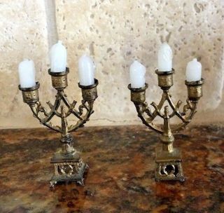Antique Doll Metal Miniature Doll House Decorative Gilt Pewter Candle Holders