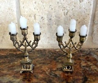 Antique doll metal miniature doll house decorative gilt pewter candle holders 2